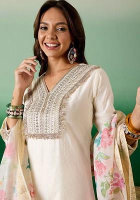 Off White Embroidered Blended Kurta Set