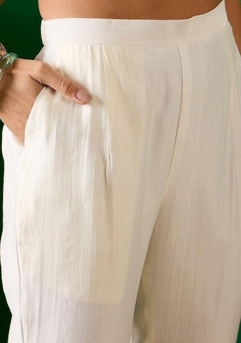 Off White Embroidered Blended Kurta Set