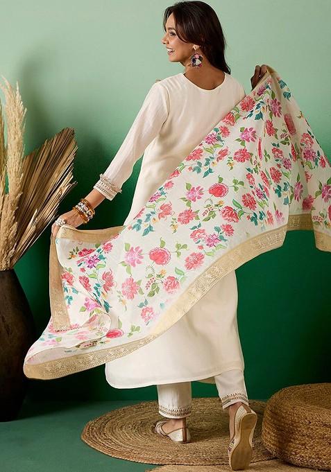 Off White Embroidered Blended Kurta Set