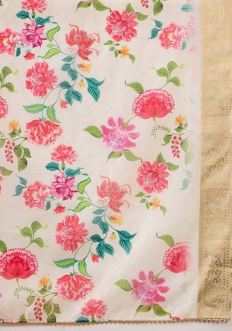 Off White Embroidered Blended Kurta Set