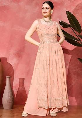 Peach Embroidered Blended Kurta Set