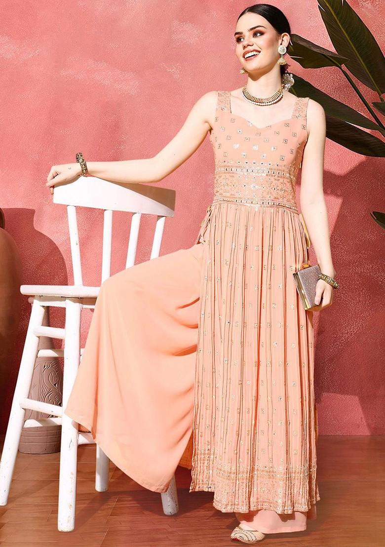 Peach Embroidered Blended Kurta Set - Indya