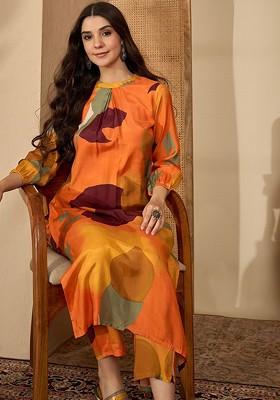 Orange Printed Blended Kurta Set