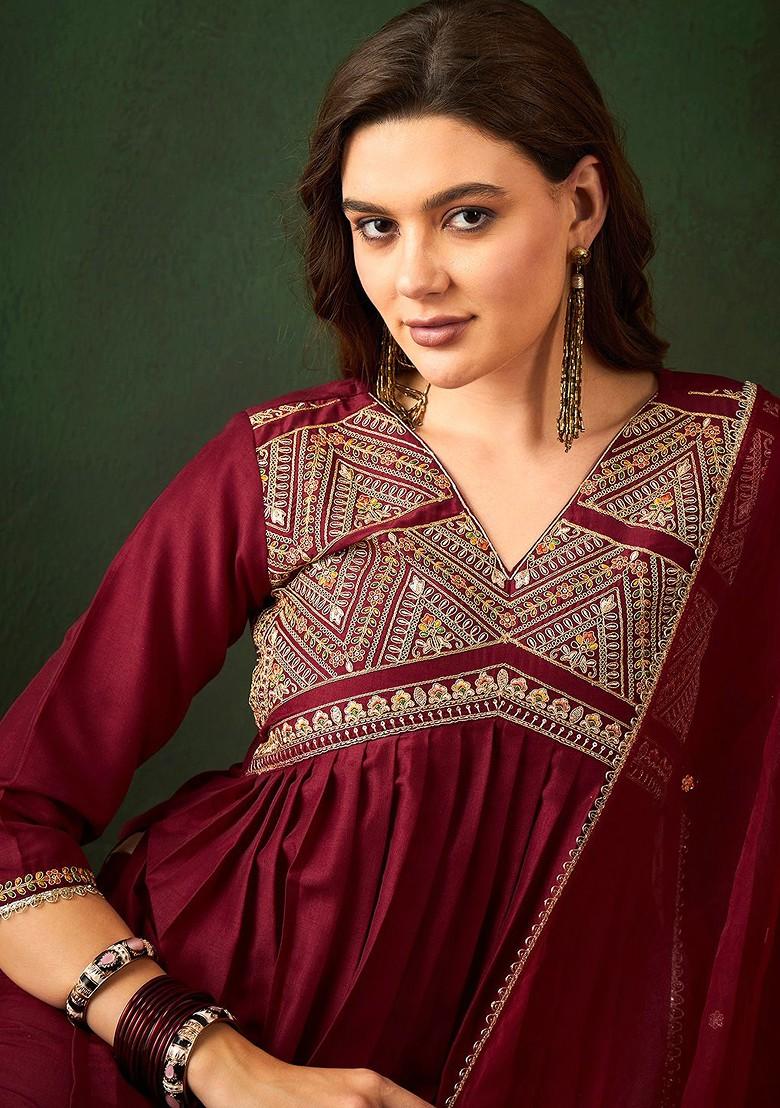 Maroon Embroidered Blended Kurta Set - Indya