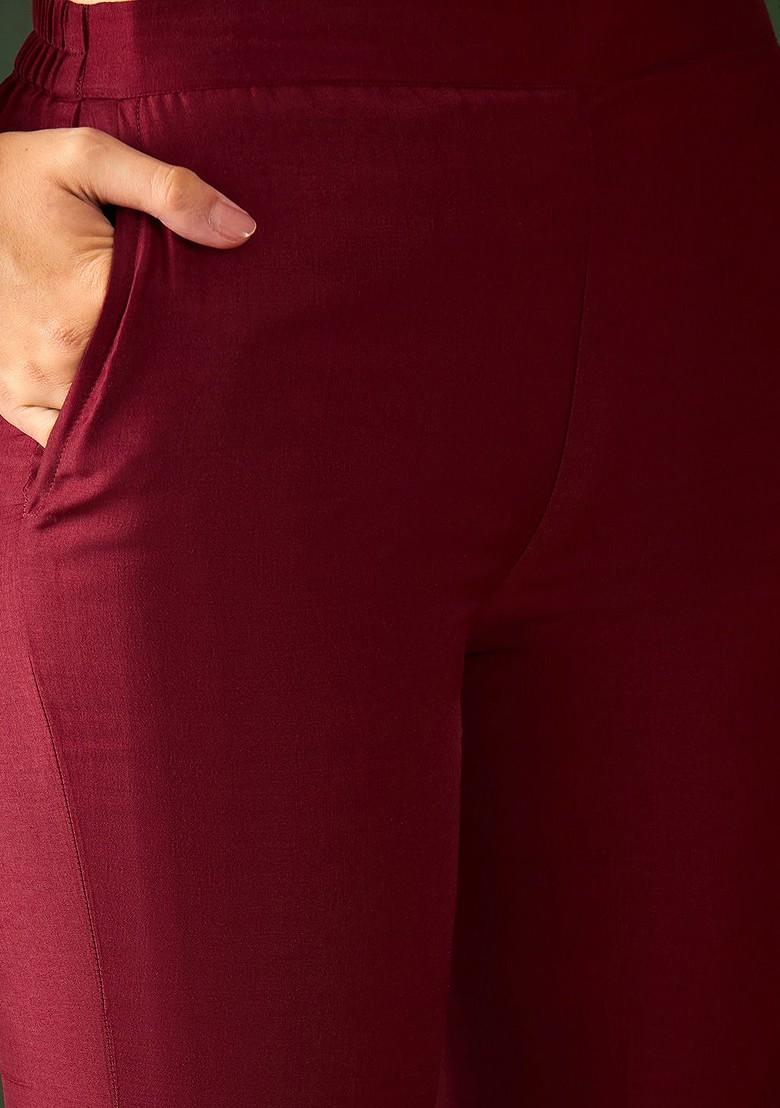 Maroon Embroidered Blended Kurta Set - Indya