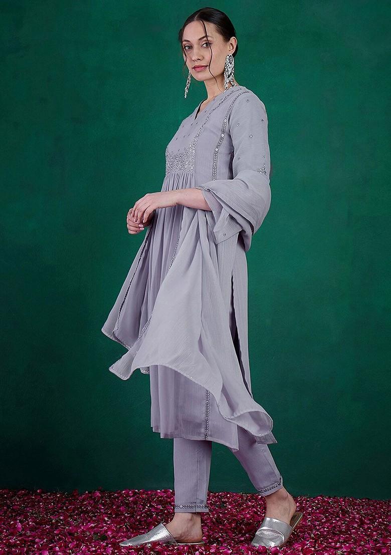 Purple Embroidered Blended Kurta Set - Indya