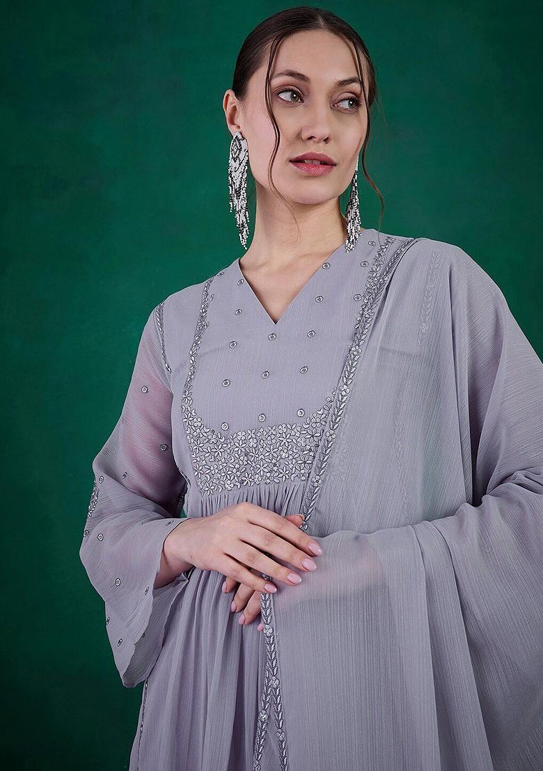 Purple Embroidered Blended Kurta Set - Indya
