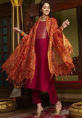 Magenta Embroidered Blended Kurta Set