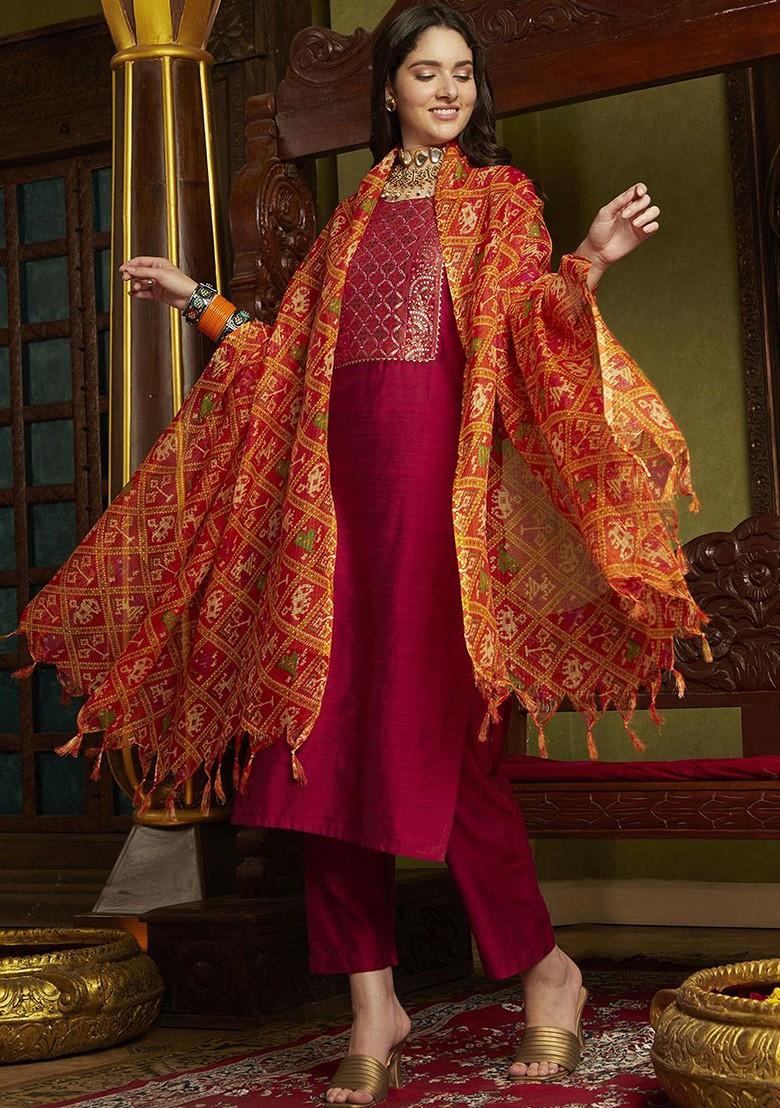 Magenta Embroidered Blended Kurta Set - Indya