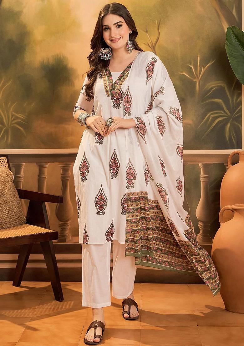 White Printed Blended Kurta Set - Indya
