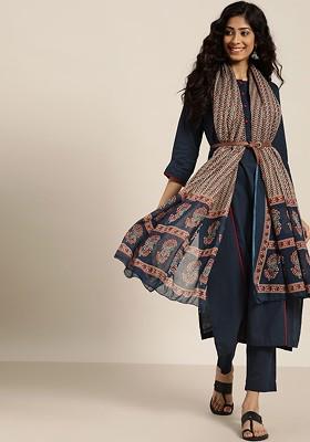 Navy Blue Solid Blended Kurta Set
