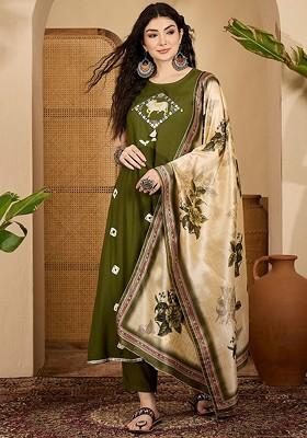 Olive Printed Blended Kurta Set
