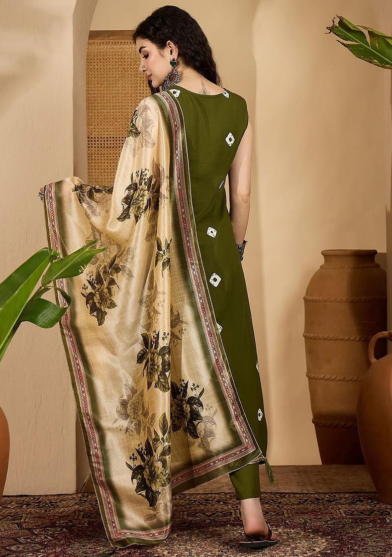 Olive Printed Blended Kurta Set - Indya
