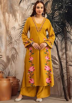 Mustard Printed Blended Kurta Set
