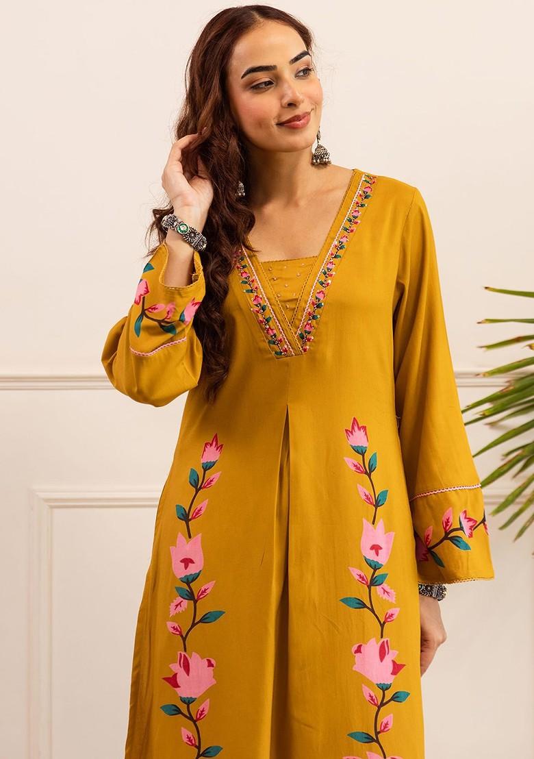 Mustard Printed Blended Kurta Set - Indya