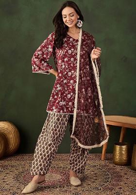 Maroon Printed Blended Kurta Set