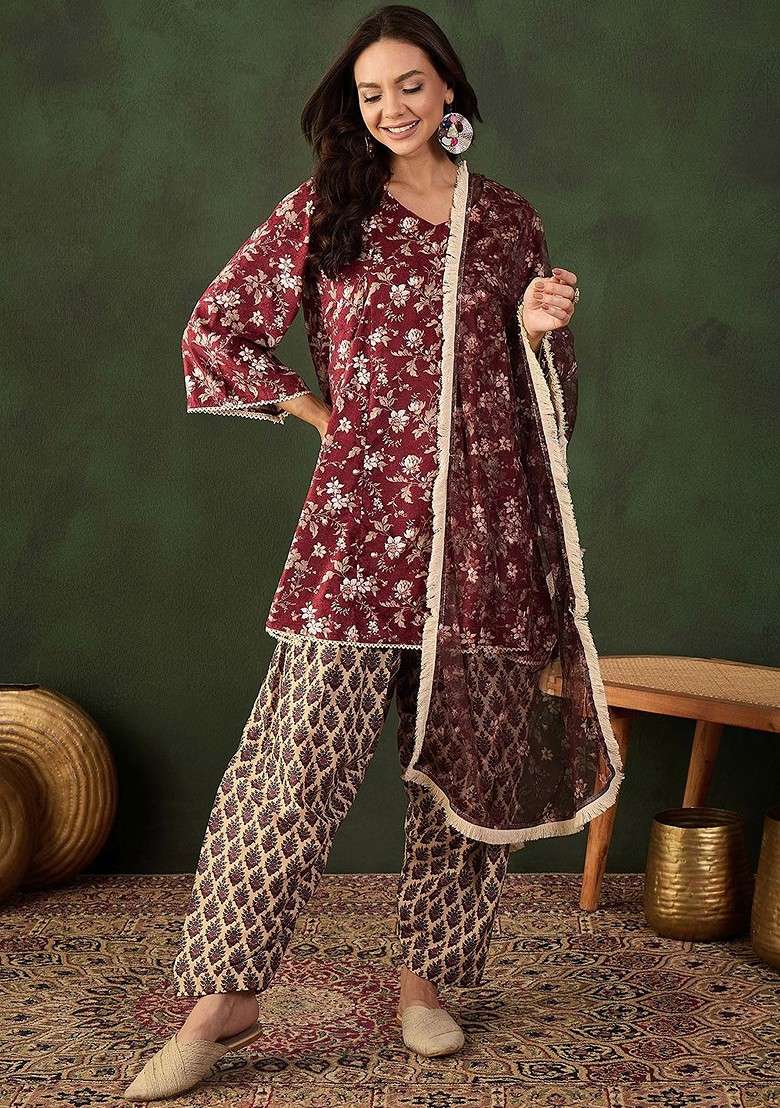 Maroon Printed Blended Kurta Set - Indya