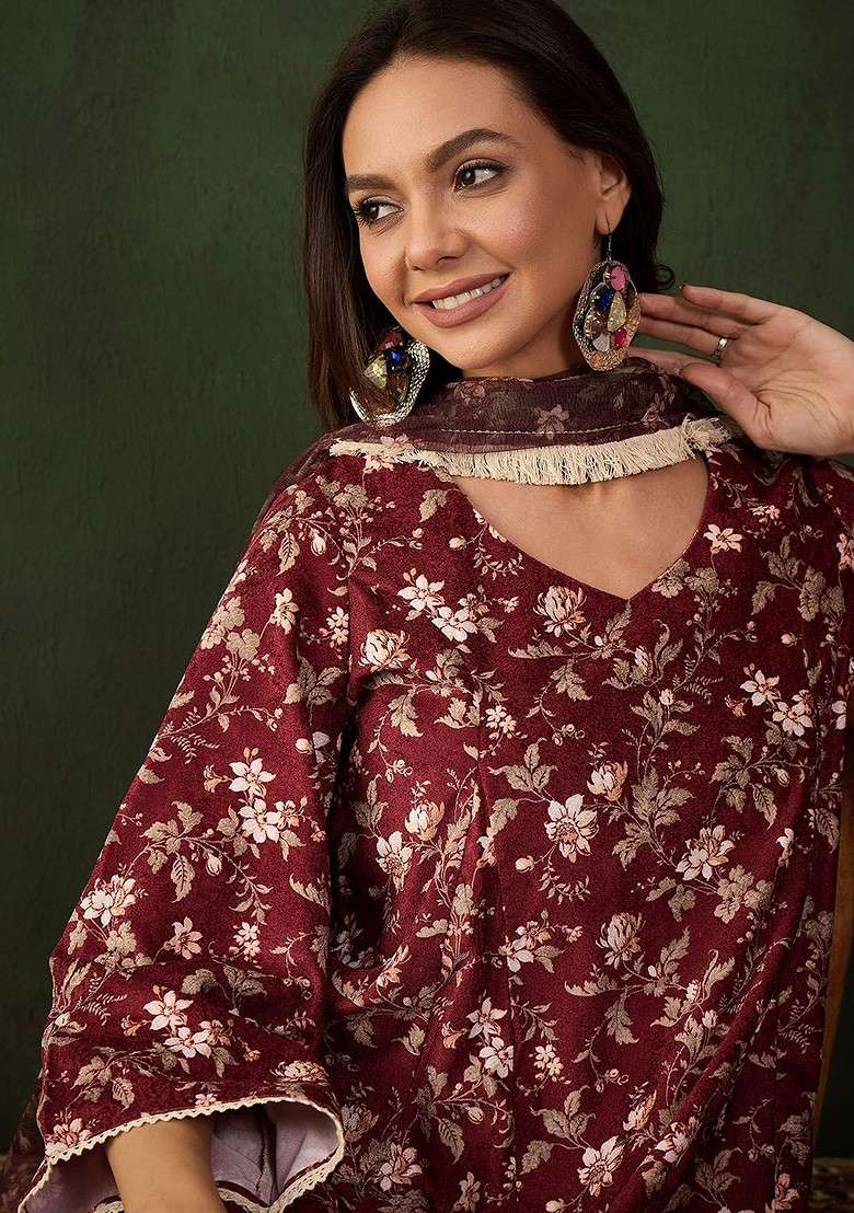 Maroon Printed Blended Kurta Set - Indya