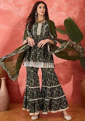Green Printed Blended Kurta Set