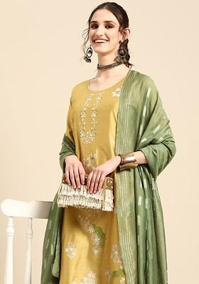 Lime Green Printed Blended Kurta Set
