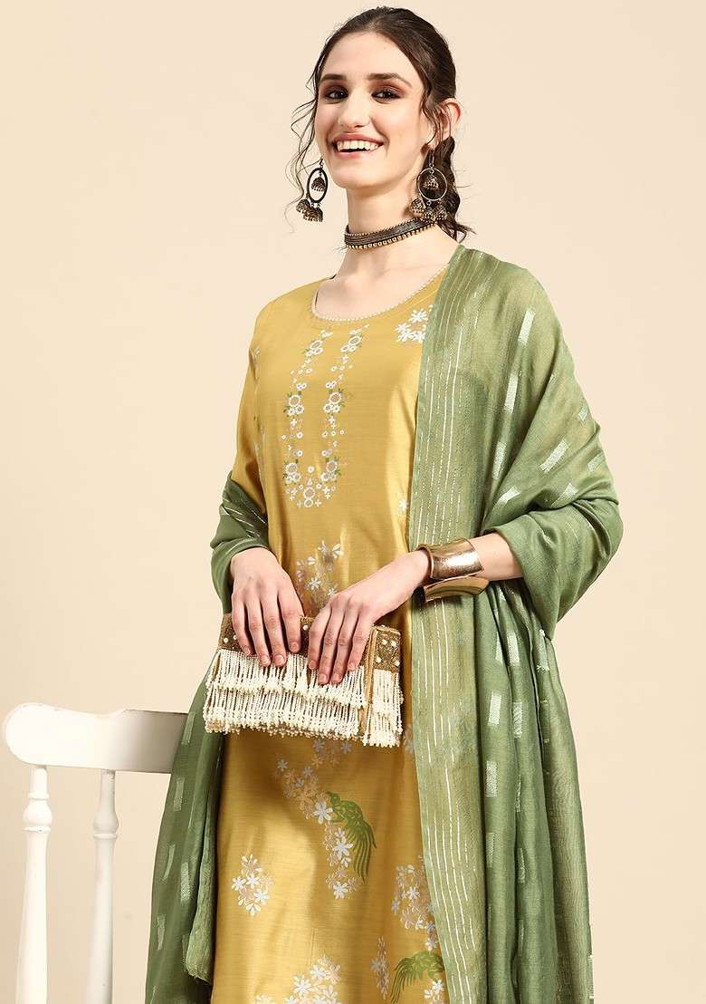 Lime Green Printed Blended Kurta Set - Indya
