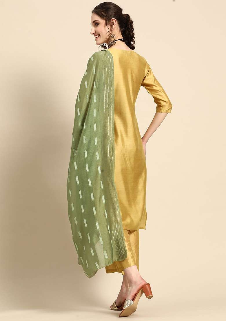Lime Green Printed Blended Kurta Set - Indya