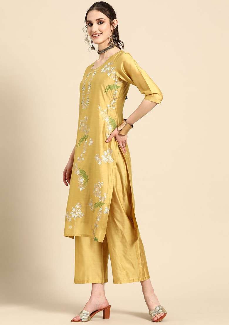 Lime Green Printed Blended Kurta Set - Indya