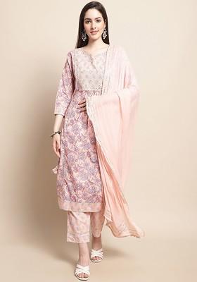 Peach Embroidered Blended Kurta Set