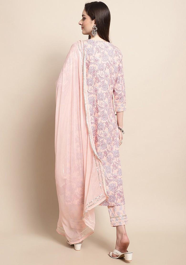 Peach Embroidered Blended Kurta Set - Indya