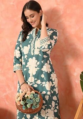 Green Printed Blended Kurta Set
