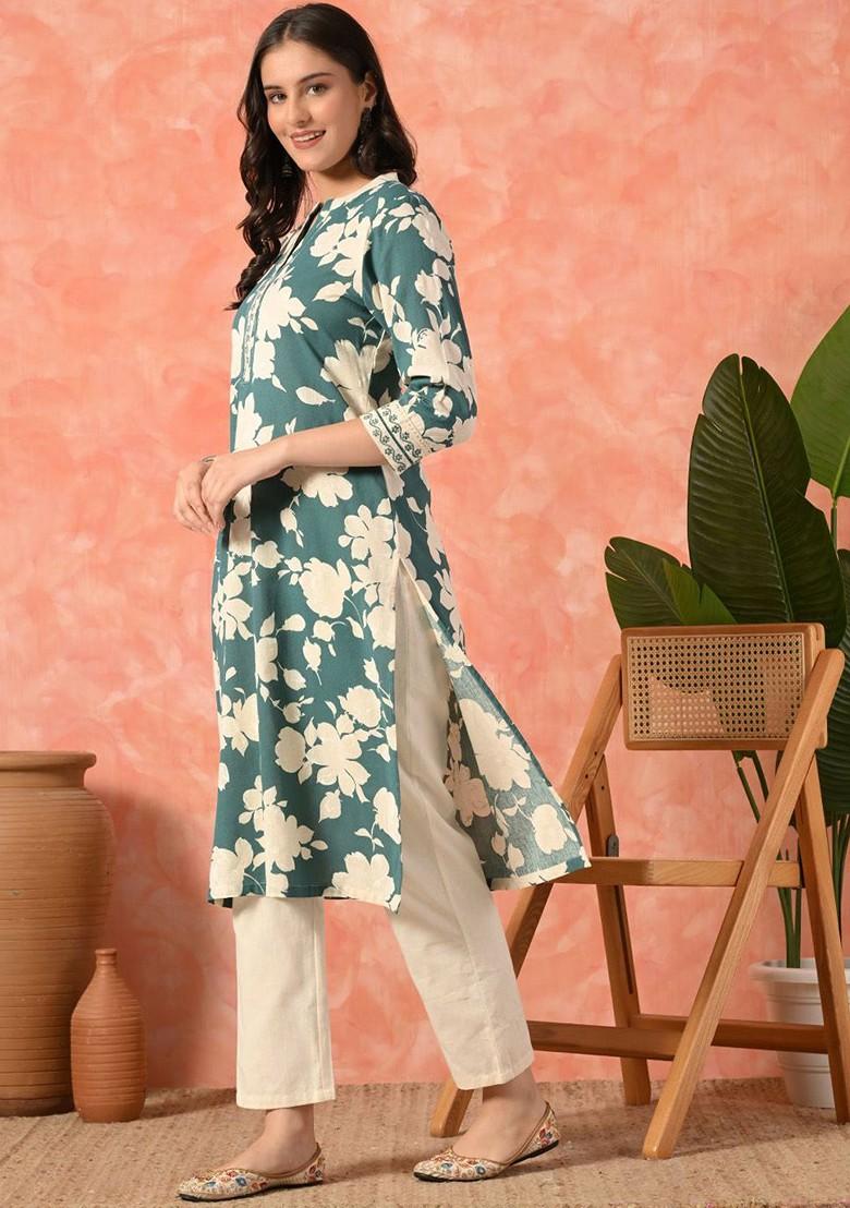 Green Printed Blended Kurta Set - Indya