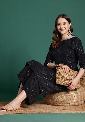 Black Printed Blended Kurta Set