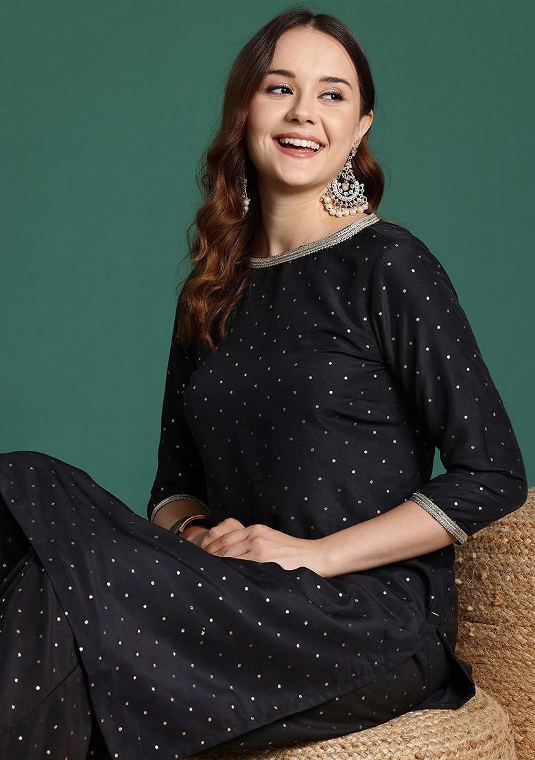 Black Printed Blended Kurta Set - Indya