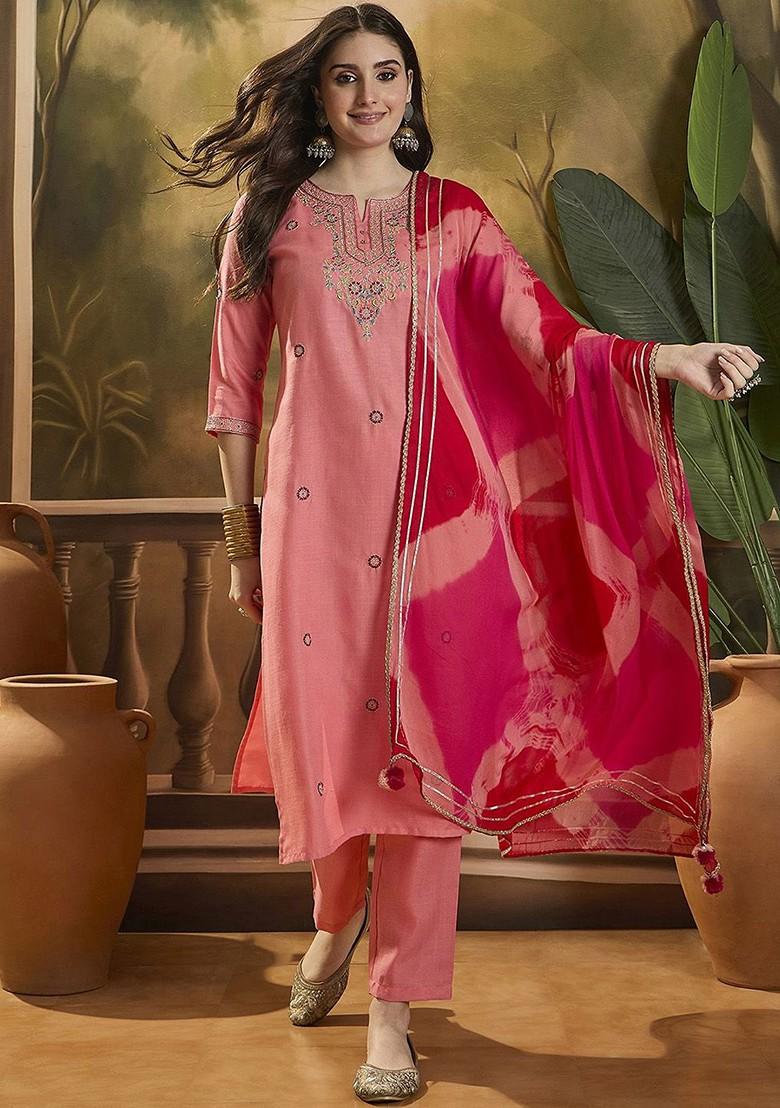 Peach Embroidered Blended Kurta Set - Indya