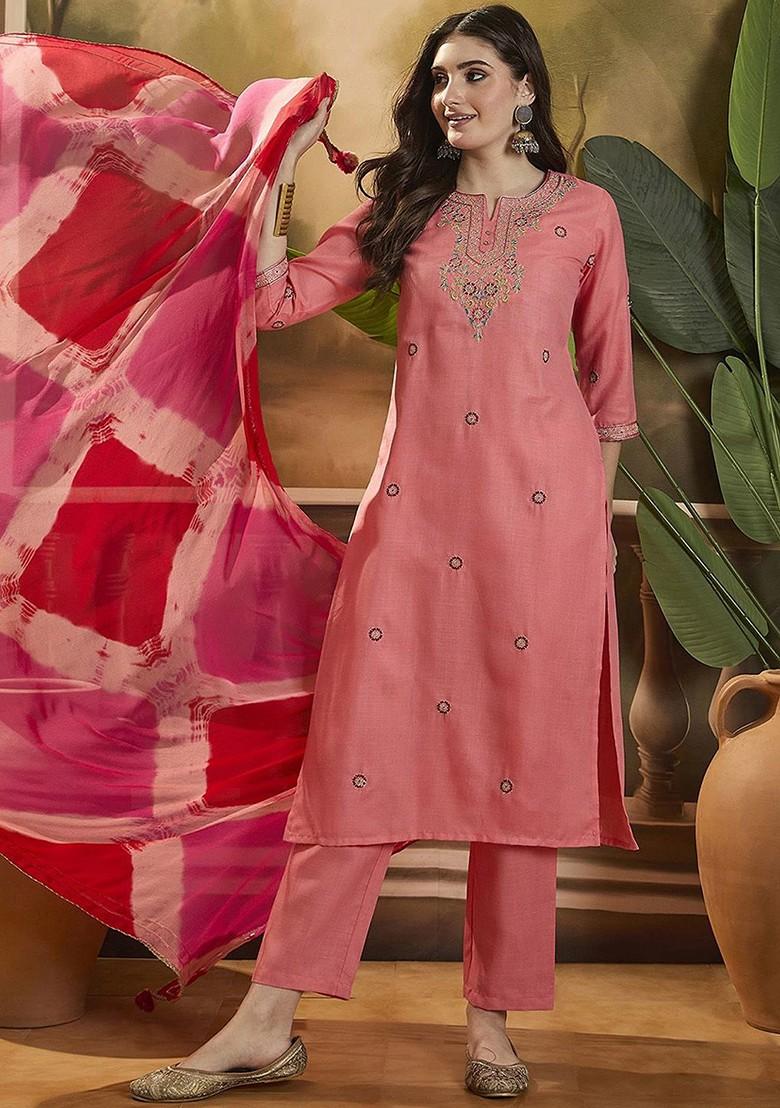 Peach Embroidered Blended Kurta Set - Indya