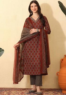 Red Printed Blended Kurta Set