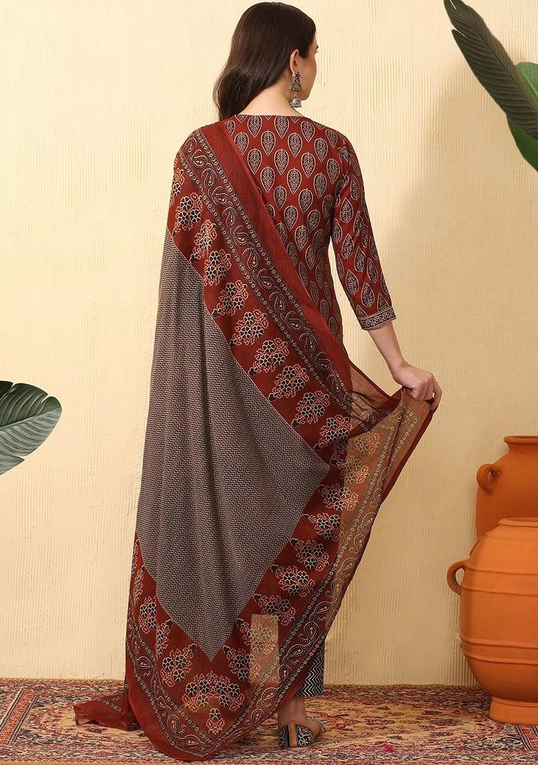 Red Printed Blended Kurta Set - Indya