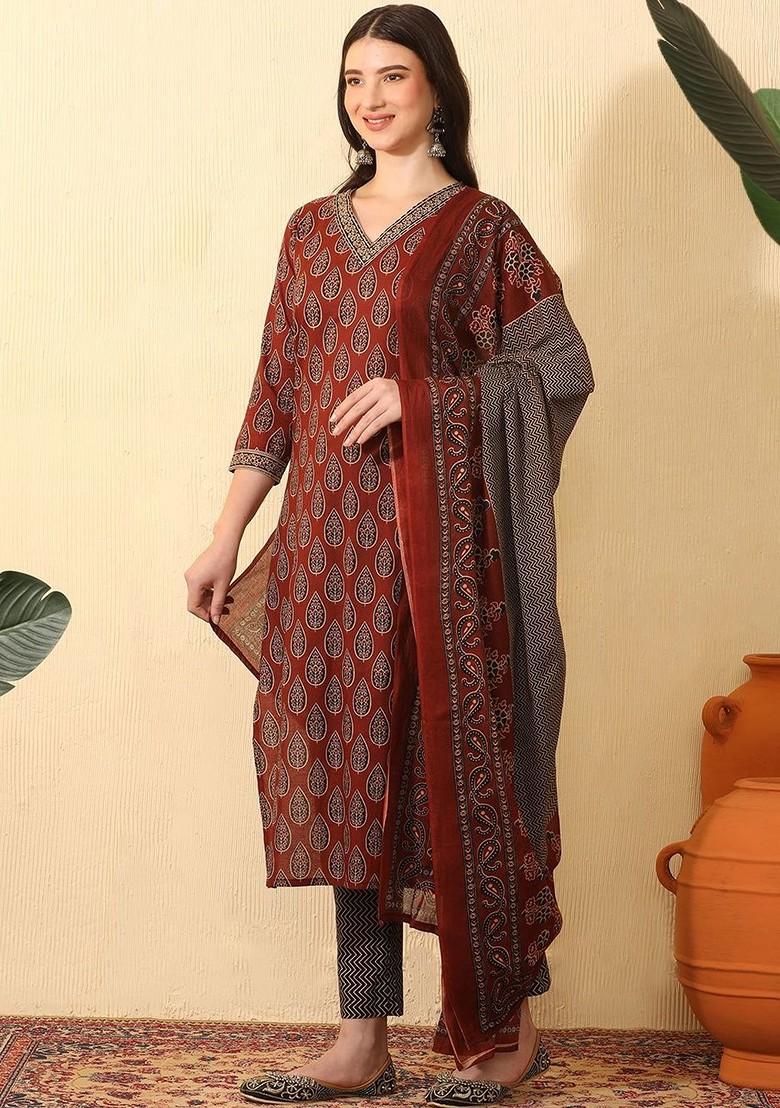 Red Printed Blended Kurta Set - Indya