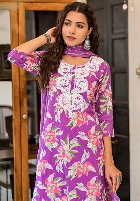 Purple Embroidered Blended Kurta Set