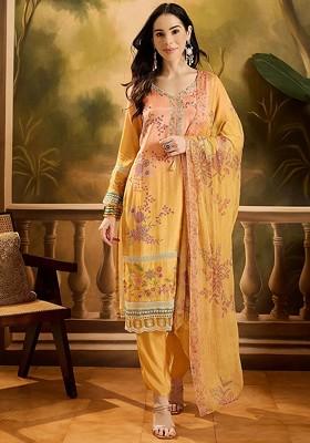 Peach Embroidered Blended Kurta Set