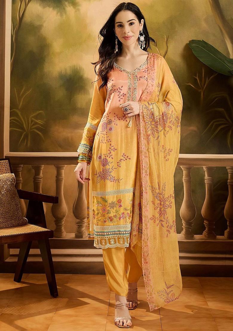 Peach Embroidered Blended Kurta Set - Indya