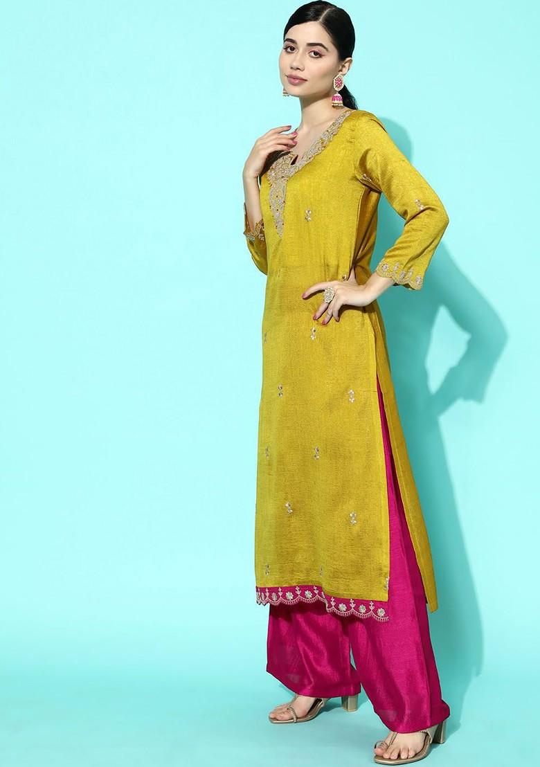 Yellow Embroidered Blended Kurta Set - Indya