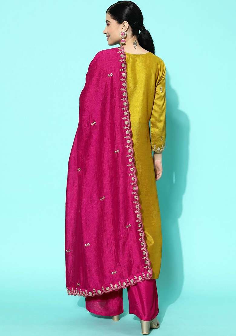 Yellow Embroidered Blended Kurta Set - Indya