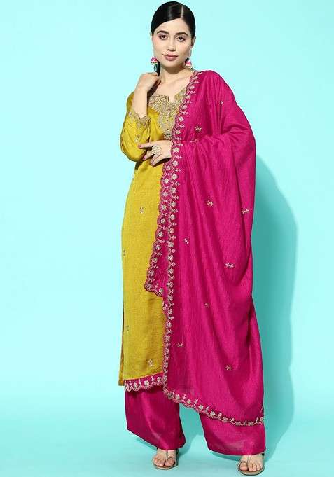 Yellow Embroidered Blended Kurta Set