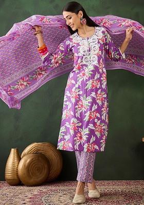 Purple Printed Blended Kurta Set
