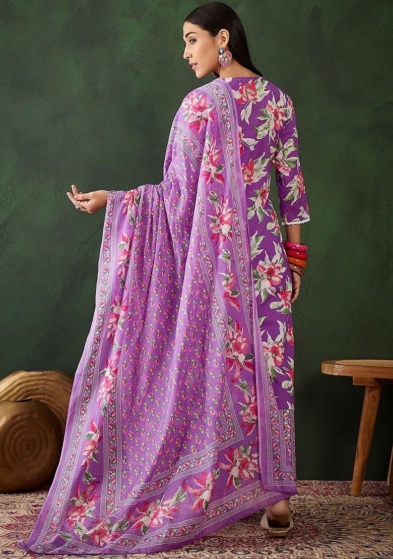 Purple Printed Blended Kurta Set - Indya