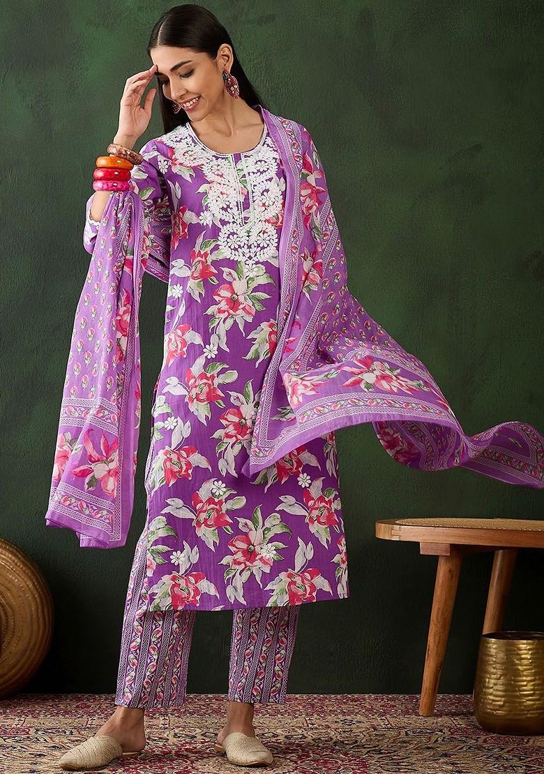 Purple Printed Blended Kurta Set - Indya