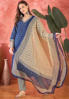 Blue Printed Blended Kurta Set
