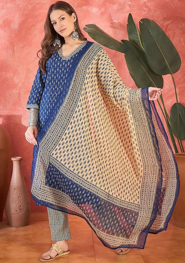 Blue Printed Blended Kurta Set - Indya
