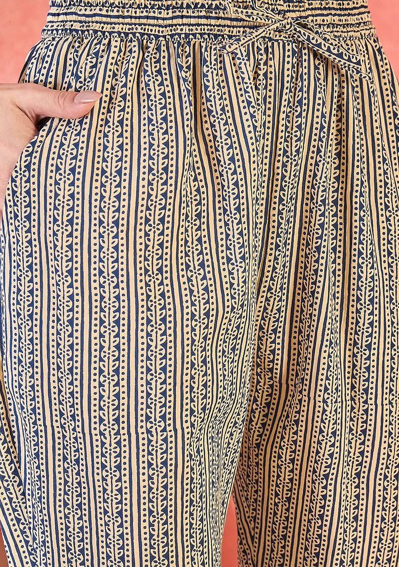 Blue Printed Blended Kurta Set - Indya